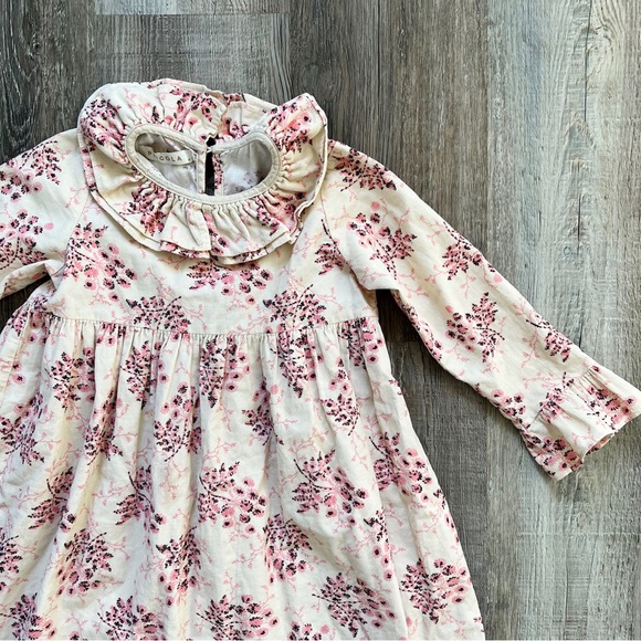 Piccola Floral Ruffle Corduroy Dress in Cream/Pink - Picture 2 of 9